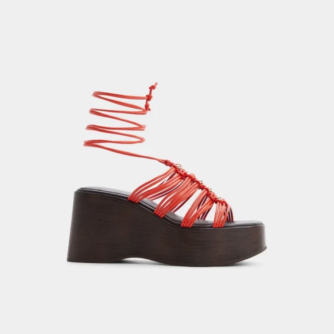 Sandalia de cuña con tiras de madera, Tacón de cuña Sandalia de cuña con tiras de madera, Tacón de cuña