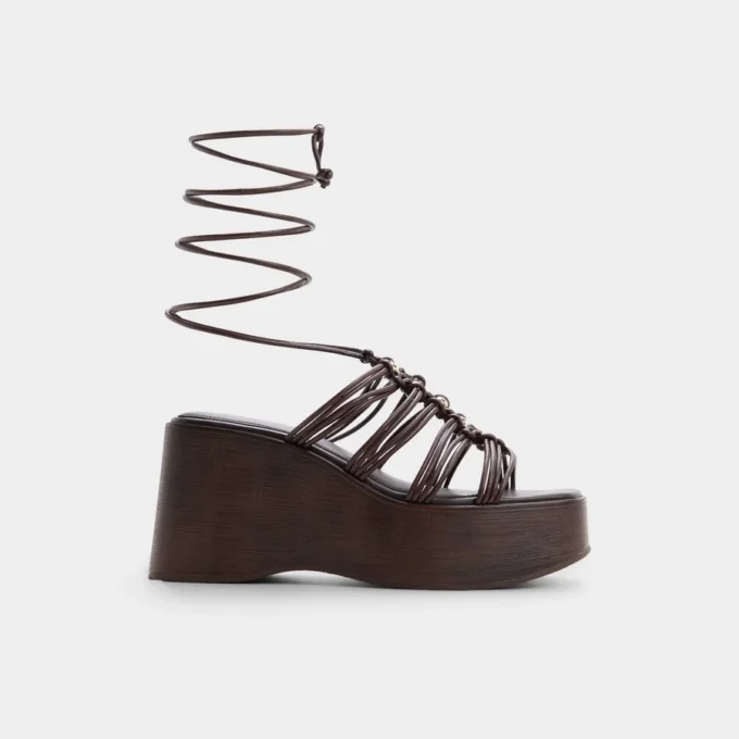 Sandalia de cuña con tiras de madera, Tacón de cuña Sandalia de cuña con tiras de madera, Tacón de cuña