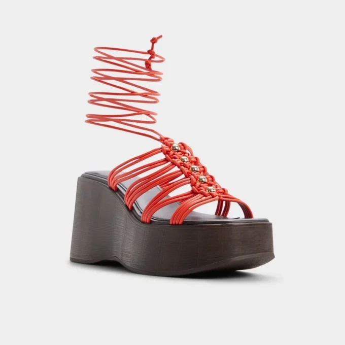 Sandalia de cuña con tiras de madera, Tacón de cuña Sandalia de cuña con tiras de madera, Tacón de cuña