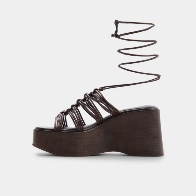 Sandalia de cuña con tiras de madera, Tacón de cuña Sandalia de cuña con tiras de madera, Tacón de cuña