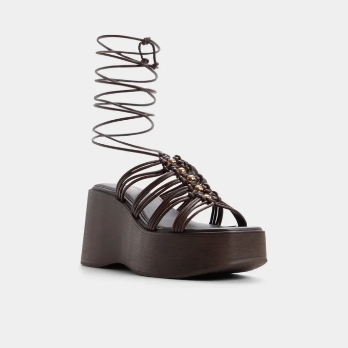 Sandalia de cuña con tiras de madera, Tacón de cuña Sandalia de cuña con tiras de madera, Tacón de cuña